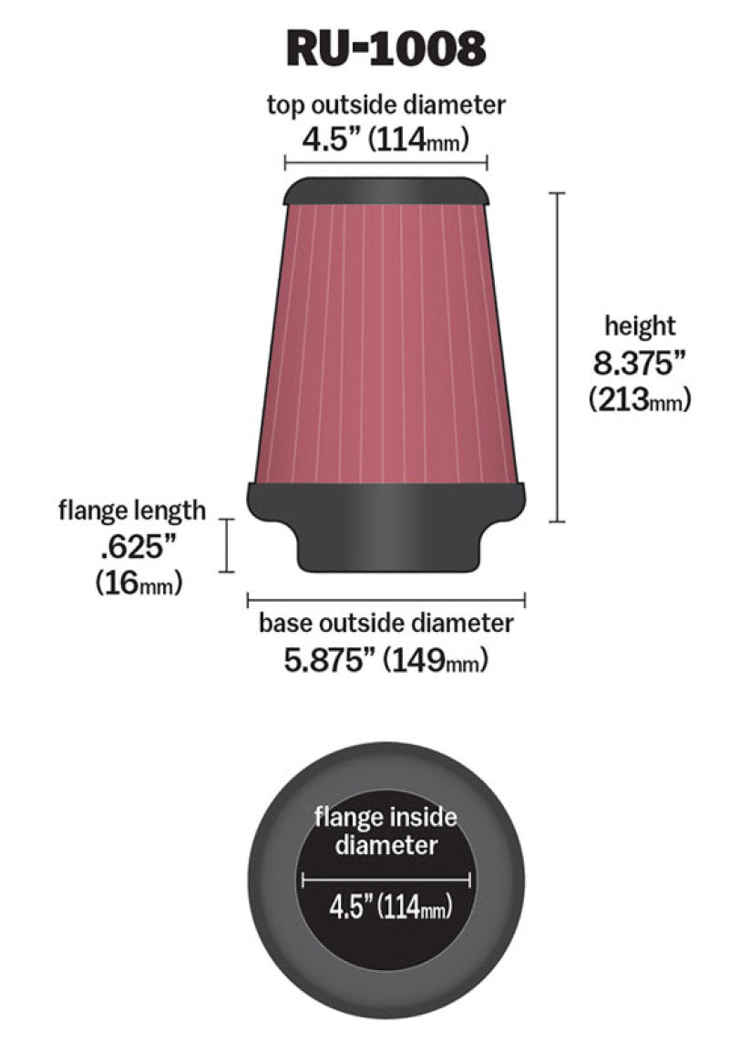 K&N Universal Clamp-On Air Filter 4-1/2in FLG / 5-7/8in B / 4-1/2in T / 8-3/8in H