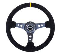 Thumbnail for NRG Reinforced Steering Wheel (350mm / 3in. Deep) Blk Suede w/Circle Cut Spokes & Single Yellow CM