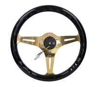 Thumbnail for NRG Classic Wood Grain Steering Wheel (350mm) Black Grip w/Chrome Gold 3-Spoke Center