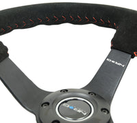 Thumbnail for NRG Reinforced Steering Wheel (350mm / 3in. Deep) Blk Suede/Red BBall Stitch w/5mm Matte Blk Spokes