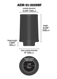 Thumbnail for AEM Dryflow Conical Air Filter 2.75in Flange ID / 6in Base OD / 5.125in Top OD / 9.125in Height