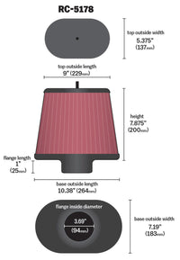 Thumbnail for K&N Universal Air Filter - Oval Straight - 3.688in Flange ID x 10.25in Base O/S Length x 7.875in H