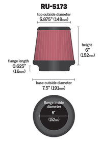 Thumbnail for K&N Universal Clamp-On Air Filter 6in FLG / 7-1/2in B / 5-7/8in T / 6in H