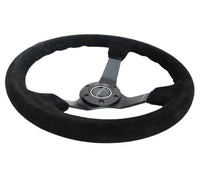 Thumbnail for NRG Reinforced Steering Wheel (350mm / 3in. Deep) Blk Suede/Blk Bball Stitch w/5mm Matte Black Spoke