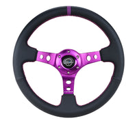 Thumbnail for NRG Reinforced Steering Wheel (350mm / 3in. Deep) Black Leather w/Purple Center & Purple Stitching