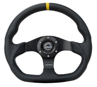 Thumbnail for NRG Reinforced Steering Wheel (320mm) Sport Leather Dual Push Buttons Flat Bottom w/ Yellow Center