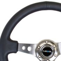 Thumbnail for NRG Reinforced Steering Wheel (350mm / 3in. Deep) Blk Leather w/Gunmetal Circle Cutout Spokes