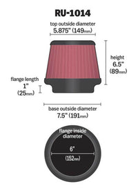 Thumbnail for K&N Universal Tapered Filter 6in Flange ID x 7.5in Base OD x 5.875in Top OD x 6.5in Height