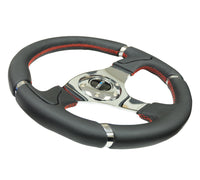 Thumbnail for NRG Reinforced Steering Wheel (320mm) Blk Leather/Red Stitching w/Chrome 3-Spoke Center