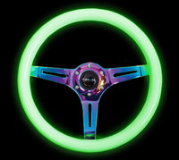 Thumbnail for NRG Classic Wood Grain Steering Wheel (350mm) Glow-N-The-Dark Green Grip w/Neochrome 3-Spoke Center