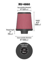 Thumbnail for K&N Filter Universal Rubber Filter 2 1/2 inch Flange 6 inch Base 5 inch Top 6 1/2 inch Height