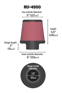 Thumbnail for K&N Filter Universal Rubber Filter 2 1/2 inch Flange 6 inch Base 5 inch Top 5 1/2 inch Height