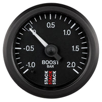 Thumbnail for Autometer Stack 52mm -1 to +2 Bar T-Fitting 0.187in Barb (M) Mechanical Boost Pressure Gauge - Black