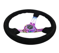 Thumbnail for NRG Reinforced Steering Wheel (350mm / 3in. Deep) Blk Suede/Blk Stitch w/Neochrome Slits