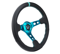 Thumbnail for NRG Reinforce Steering Wheel (350mm / 3in. Deep) Blk Leather, Teal Center Mark w/ Teal Stitching