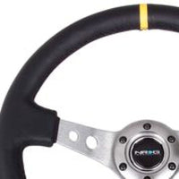 Thumbnail for NRG Reinforced Steering Wheel (350mm / 3in. Deep) Blk Leather w/Gunmetal Cutout Spoke & Yellow CM