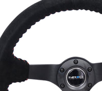 Thumbnail for NRG Reinforced Steering Wheel (350mm / 3in. Deep) Blk Suede/Red BBall Stitch w/5mm Matte Blk Spokes