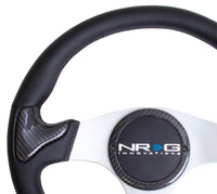 Thumbnail for NRG Carbon Fiber Steering Wheel (350mm) Silver Frame Blk Stitching w/Rubber Cover Horn Button