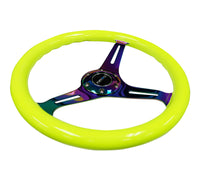 Thumbnail for NRG Classic Wood Grain Steering Wheel (350mm) Neon Yellow Color w/Neochrome Spokes