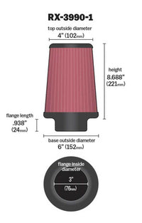 Thumbnail for K&N Filter Universal X Stream Clamp-On 4in Top OD x 6in Base OD x 8.688in H x 3in Flange ID