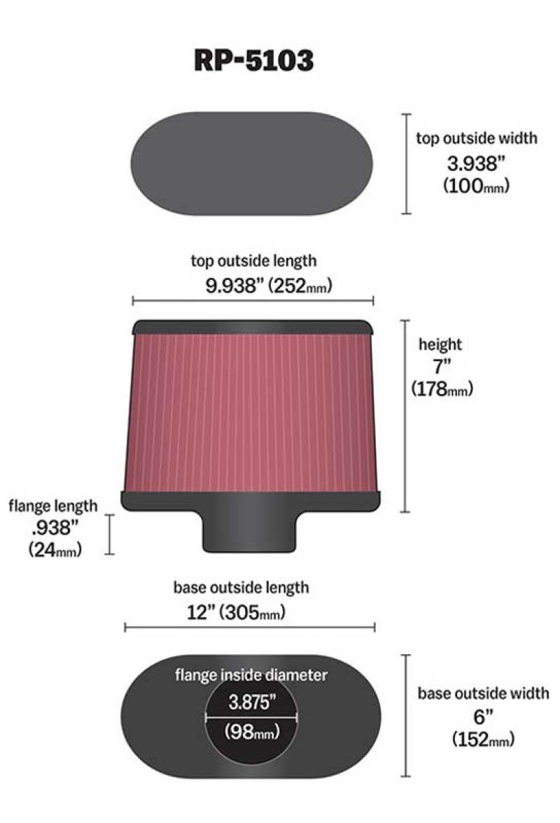 K&N Universal Filter with Carbon Fiber Top & Base-12in Base O/S Length x 6in Base O/S Width x 7in H