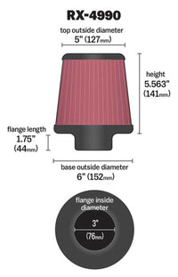 Thumbnail for K&N Filter Universal X Stream Clamp-On 3 inch Flange 6 inch Base  5 inch Top 5 9/16 inch Height