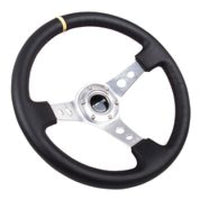 Thumbnail for NRG Reinforced Steering Wheel (350mm / 3in. Deep) Blk Leather w/Circle Cut Spokes & Single Yellow CM