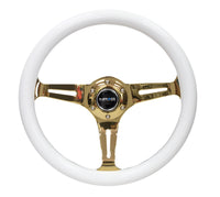 Thumbnail for NRG Classic Wood Grain Steering Wheel (350mm) White Grip w/Chrome Gold 3-Spoke Center