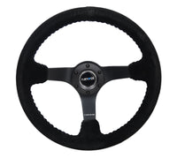 Thumbnail for NRG Reinforced Steering Wheel (350mm / 3in. Deep) Blk Suede/Blk Bball Stitch w/5mm Matte Black Spoke