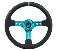 Thumbnail for NRG Reinforce Steering Wheel (350mm / 3in. Deep) Blk Leather, Teal Center Mark w/ Teal Stitching