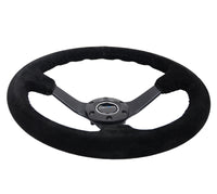 Thumbnail for NRG Reinforced Steering Wheel (350mm / 3in. Deep) Blk Suede/Blk Bball Stitch w/5mm Matte Black Spoke