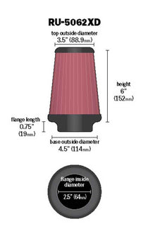 Thumbnail for K&N Universal Rubber Filter 2-1/2in Flg / 4-1/2in OD B / 3-1/2in OD T / 6in H - Black Top