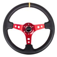 Thumbnail for NRG Reinforced Steering Wheel (350mm / 3in. Deep) Blk Leather w/Red Spokes & Sgl Yellow Center Mark