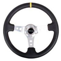 Thumbnail for NRG Reinforced Steering Wheel (350mm / 3in. Deep) Blk Leather w/Circle Cut Spokes & Single Yellow CM