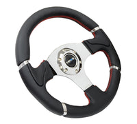 Thumbnail for NRG Reinforced Steering Wheel (320mm) Blk Leather/Red Stitching w/Chrome 3-Spoke Center