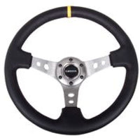 Thumbnail for NRG Reinforced Steering Wheel (350mm / 3in. Deep) Blk Leather w/Gunmetal Cutout Spoke & Yellow CM