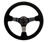 Thumbnail for NRG Reinforced Steering Wheel (350mm / 3in. Deep) Blk Suede w/Red BBall Stitch & Black 3-Spoke