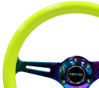 Thumbnail for NRG Classic Wood Grain Steering Wheel (350mm) Neon Yellow Color w/Neochrome Spokes