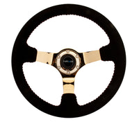 Thumbnail for NRG Reinforced Steering Wheel (350mm / 3in. Deep) Blk Suede w/Red BBall Stitch & Chrome Gold 3-Spoke