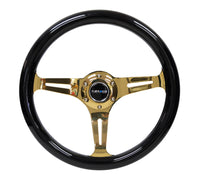 Thumbnail for NRG Classic Wood Grain Steering Wheel (350mm) Black Grip w/Chrome Gold 3-Spoke Center