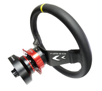 Thumbnail for NRG Reinforced Steering Wheel (350mm / 3in Deep) Blk Leather w/NRG Arrow-Cut 2-Spoke & Sgl Yellow CM