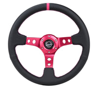 Thumbnail for NRG Reinforced Steering Wheel (350mm/3in. Deep) Black Leather/ Fushia Center Mark/ Fushia Stitching