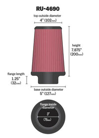 Thumbnail for K&N Universal Round Tapered Filter 3 inch FLG / 5 inch Bottom / 4 inch Top / 7 7/8 inch Height