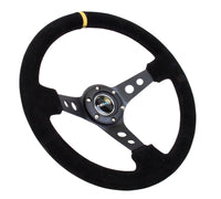 Thumbnail for NRG Reinforced Steering Wheel (350mm / 3in. Deep) Blk Suede w/Circle Cut Spokes & Single Yellow CM