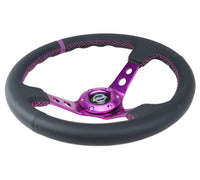 Thumbnail for NRG Reinforced Steering Wheel (350mm / 3in. Deep) Black Leather w/Purple Center & Purple Stitching