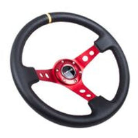 Thumbnail for NRG Reinforced Steering Wheel (350mm / 3in. Deep) Blk Leather w/Red Spokes & Sgl Yellow Center Mark