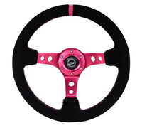 Thumbnail for NRG Reinforced Steering Wheel (350mm/ 3in. Deep) Black Suede/ Fushia Center Mark/ Fushia Stitching