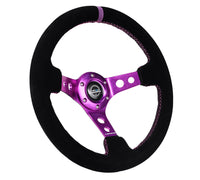 Thumbnail for NRG Reinforced Steering Wheel (350mm / 3in. Deep) Black Suede w/Purple Center & Purple Stitching