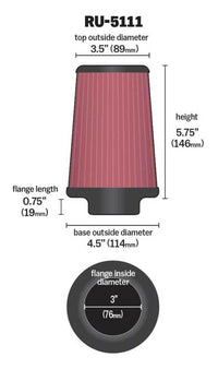 Thumbnail for K&N Filter Universal Rubber Filter 3  Flange 4 1/2 Base inch 3 1/2 inch Top 5 3/4 inch Height