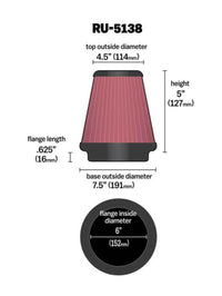 Thumbnail for K&N Universal Clamp-On Air Filter 6in FLG / 7-1/2in B / 4-1/2in T / 5in H